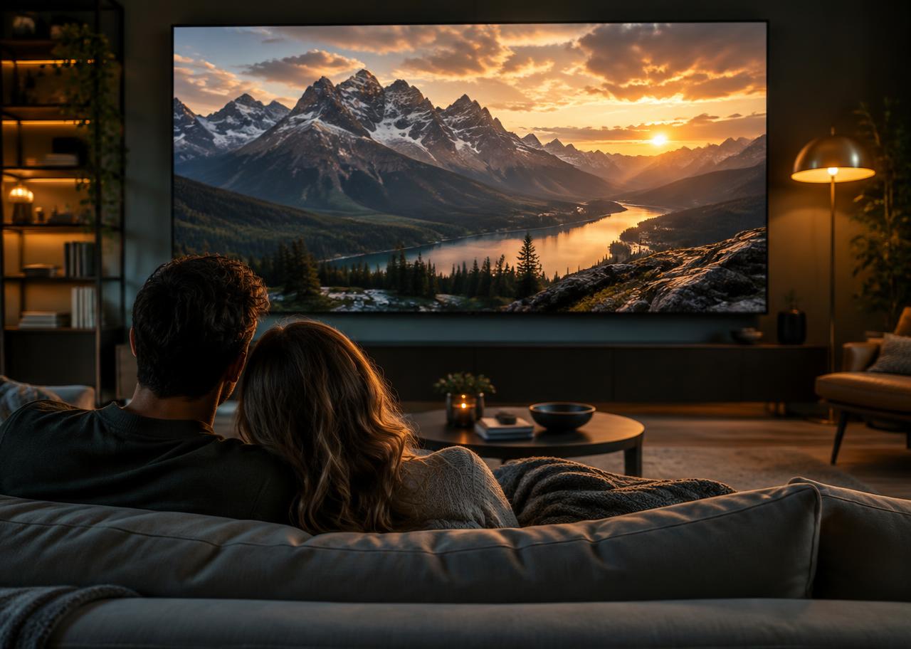 Couple enjoying a cinematic film at home